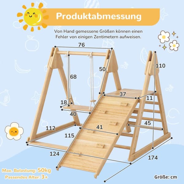 3-i-1 Klätterleksak i Trä för Barn – Med Rutschkana, Gunga & Klätterställning – Inomhus Lekställning i Massiv Furu & Plywood