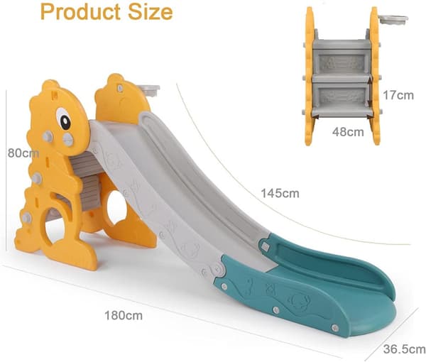 Børneskridebane med basketballkurv, holdbart plastmateriale, fritstående design, engagerende legefunktioner.