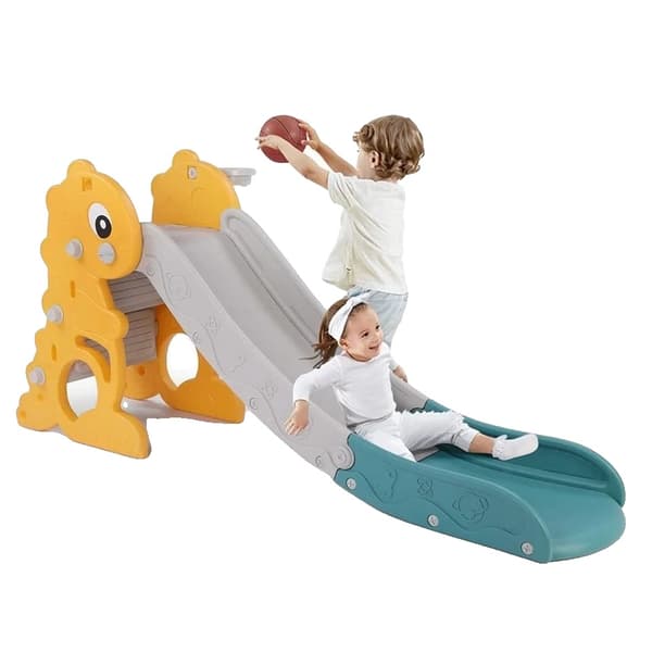 Børneskridebane med basketballkurv, holdbart plastmateriale, fritstående design, engagerende legefunktioner.