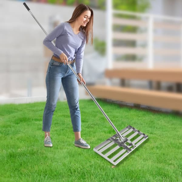 Rostfritt Stål Gräsmattejämnare, Ergonomiskt Handtag, Justerbar Längd, 180° Rotation