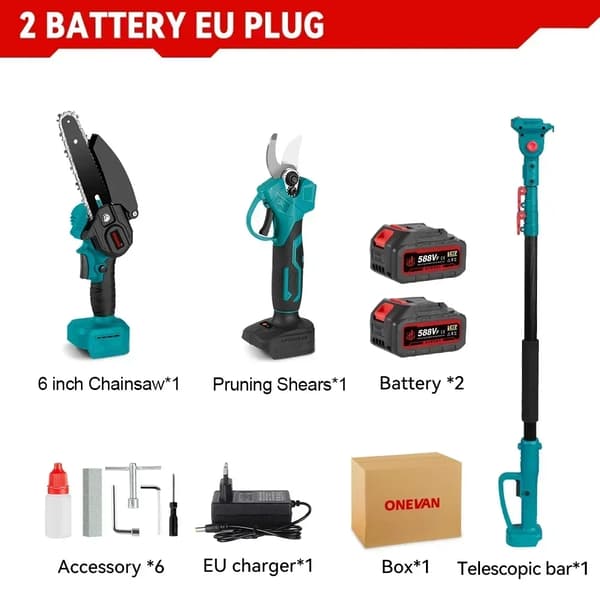 Elektrisk Motorsåg, Borstlös Motor, 3500W Effekt,2 Batteri EU Kontakt
