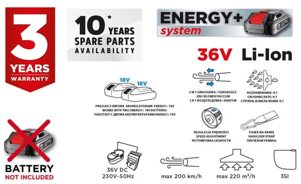Energy+ 36V Li-lon batteri havestøvsuger, 2i1, posekapacitet 35L, uden batteri
