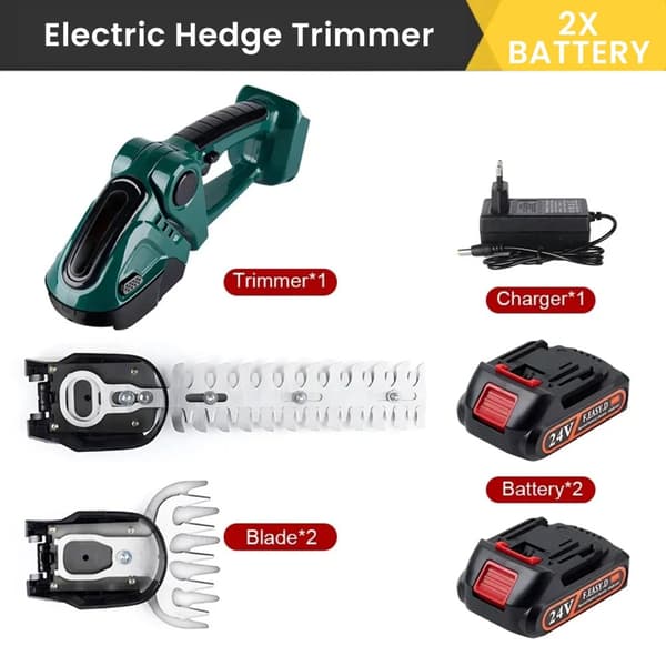 Trådløs Elektrisk Hækkeklipper, 2-i-1 Klinge System, Letvægts Ergonomisk Design,2x Batteri EU Stik, to batterier