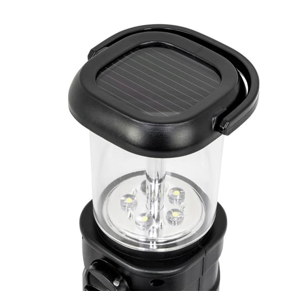 Aurinkokäyttöinen LED-retkivalo dynamolla ja 2-in-1-radiolla