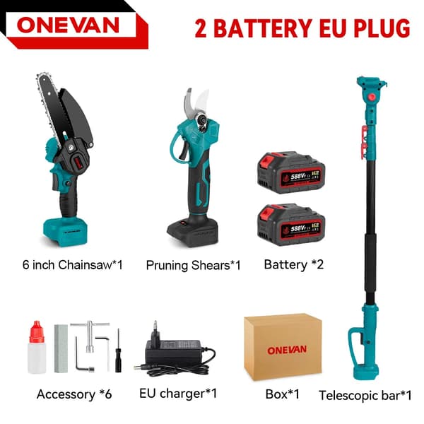 Elektrisk kædesav, 6-tommer guideplade, 3500W effekt,2 Batteri EU Stik