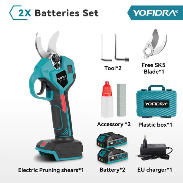 Elektrisk Beskärningssax, 18V Borstlös Motor, 32mm Maximal Bladöppning,2 Batteri