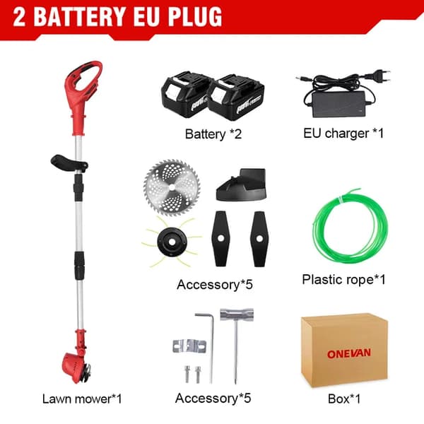 Gräsklippare, Borstlös Elektrisk, Trådlös Grästrimmer, 2 Batteri EU-kontakt