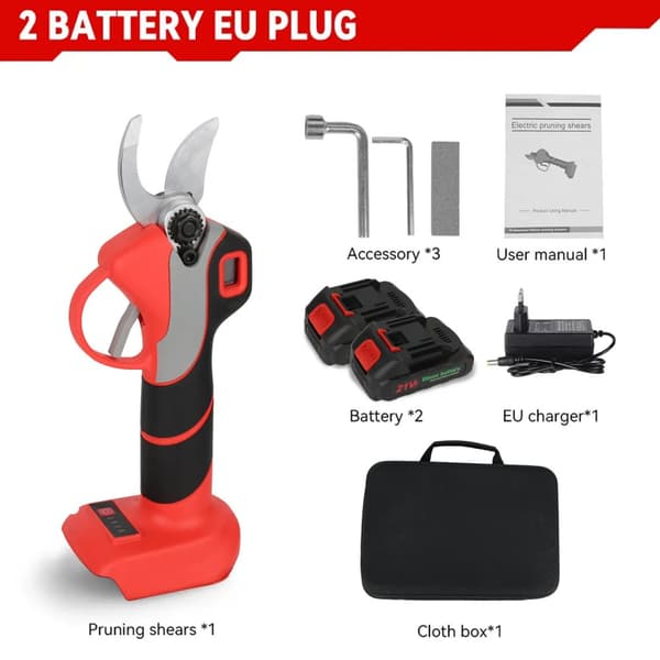 Elektrisk Beskærer, Børsteløs Motor, 4 Gear, Holdbar Højkulstofstål Klinge,EU, 2x Batteri Sæt