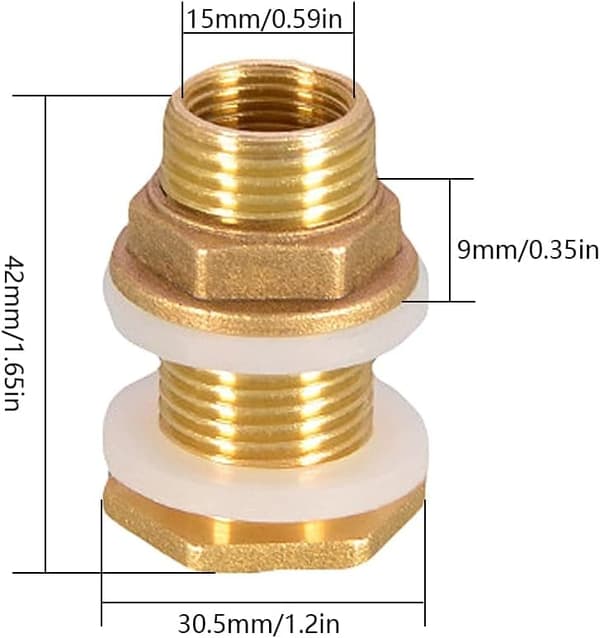 1/2" Brass Water Tank Connector - 2 Pieces Connector for Faucet, Rain Bucket - 4.2cm Socket