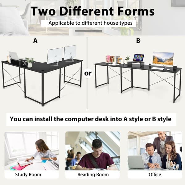Computerskrivebord, 95 tommer 2-personers L-formet Langt Vendbart Computerskrivebord med Skærmstativ, 95x24x29 tommer, Sort