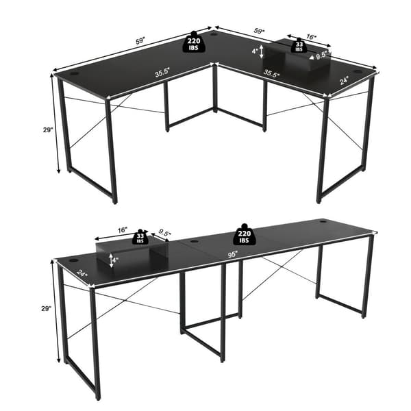 Computerskrivebord, 95 tommer 2-personers L-formet Langt Vendbart Computerskrivebord med Skærmstativ, 95x24x29 tommer, Sort