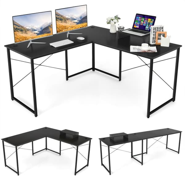Computerskrivebord, 95 tommer 2-personers L-formet Langt Vendbart Computerskrivebord med Skærmstativ, 95x24x29 tommer, Sort