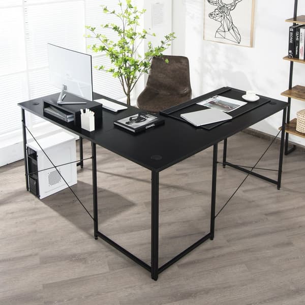 Computerskrivebord, 95 tommer 2-personers L-formet Langt Vendbart Computerskrivebord med Skærmstativ, 95x24x29 tommer, Sort
