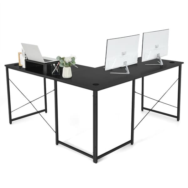 Computerskrivebord, 95 tommer 2-personers L-formet Langt Vendbart Computerskrivebord med Skærmstativ, 95x24x29 tommer, Sort