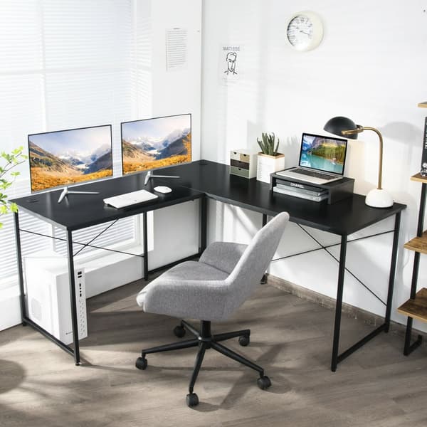 Computerskrivebord, 95 tommer 2-personers L-formet Langt Vendbart Computerskrivebord med Skærmstativ, 95x24x29 tommer, Sort