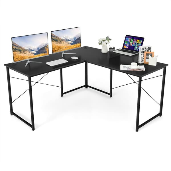 Computerskrivebord, 95 tommer 2-personers L-formet Langt Vendbart Computerskrivebord med Skærmstativ, 95x24x29 tommer, Sort