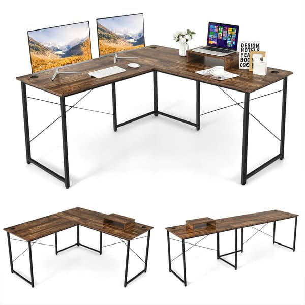 Datorskrivbord, 95-tums 2-personers L-format omvändbart datorskrivbord med monitorställ, 95x24x29 tum, Rustik Brun