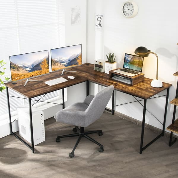 Datorskrivbord, 95-tums 2-personers L-format omvändbart datorskrivbord med monitorställ, 95x24x29 tum, Rustik Brun