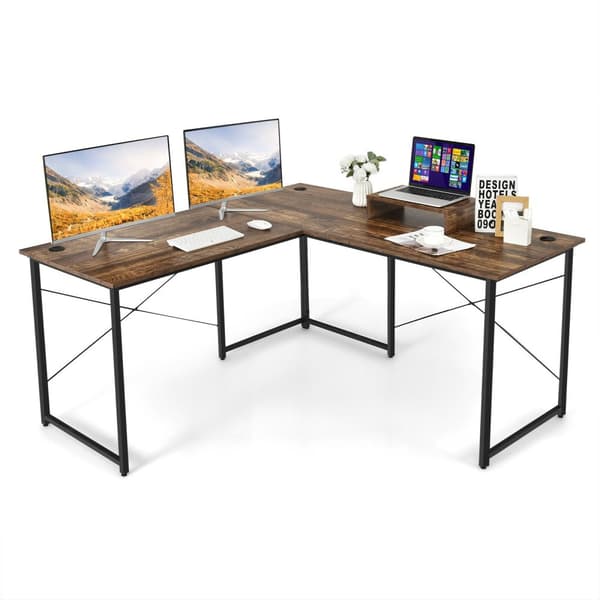 Datorskrivbord, 95-tums 2-personers L-format omvändbart datorskrivbord med monitorställ, 95x24x29 tum, Rustik Brun