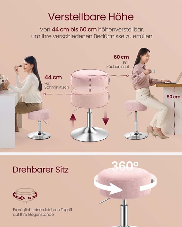 In hoogte verstelbaar en 360° draaibaar make-up krukje in pastelroze