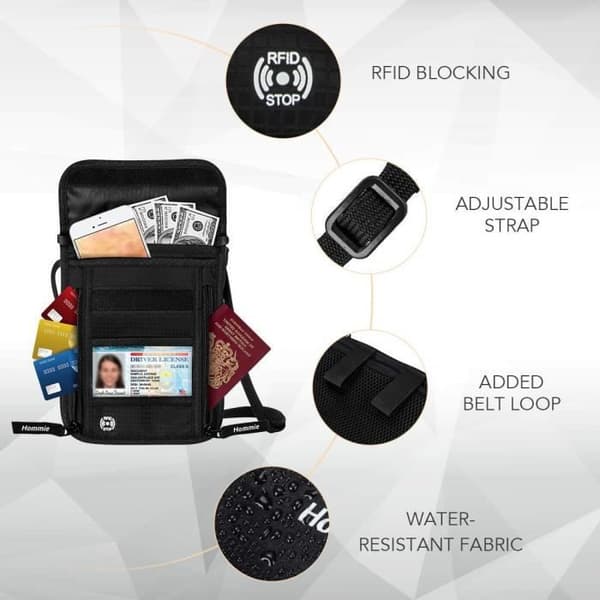 Pochette för Nackresor med RFID-blockering, Plånbok för Pass med 7 Fickor, Stöldsäkert Telefon- och Kortförvaringsfodral
