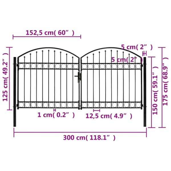 vidaXL Hageport med dobbel dør og buet topp stål 300x125 cm svart