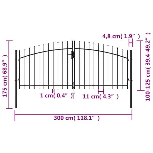 vidaXL Hageport med dobbel dør og spisser stål 3x1,25 cm svart
