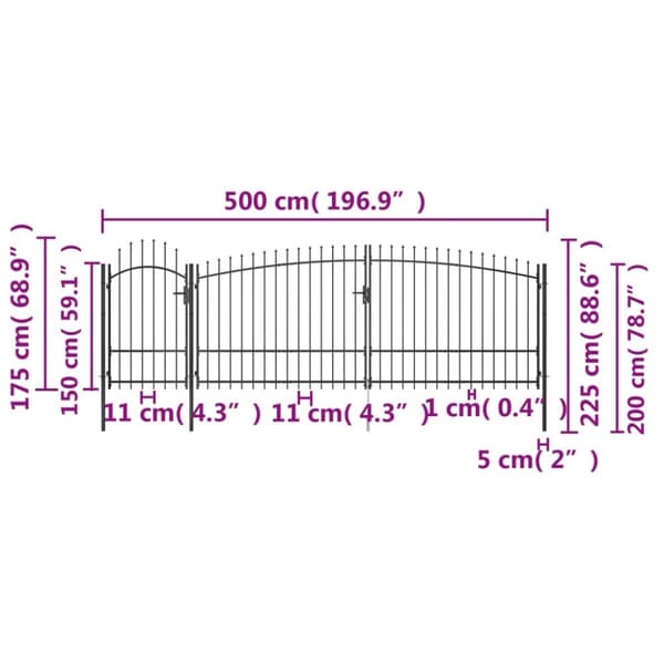 vidaXL Gjerdeport med spydtopp 5x2,25 m svart
