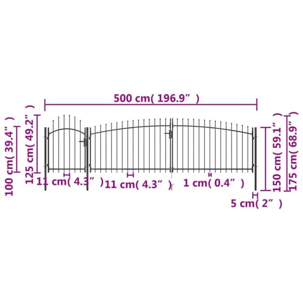 vidaXL hegnslåge med spydtop 5x1,75 m sort