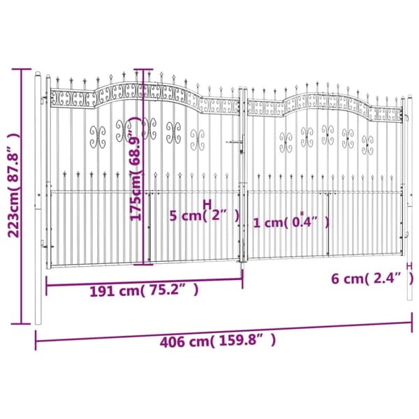 vidaXL Gjerdeport med spydtopp svart 406x223 cm pulverlakkert stål