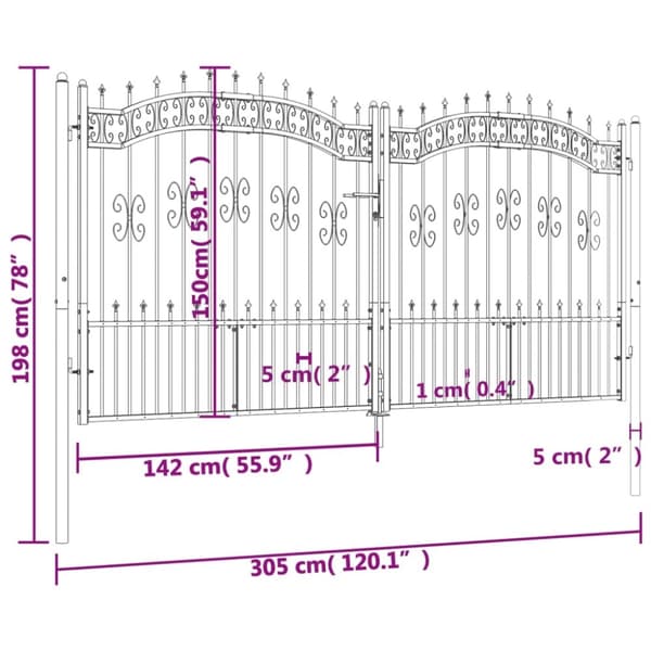 vidaXL Puutarhaportti keihäskärjet musta 305x198cm jauhemaalattu teräs