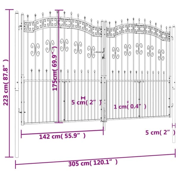 vidaXL Puutarhaportti keihäskärjet musta 305x223cm jauhemaalattu teräs