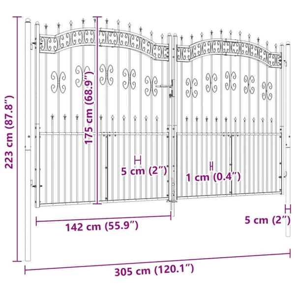 vidaXL Puutarhaportti keihäskärjet musta 305x223cm jauhemaalattu teräs