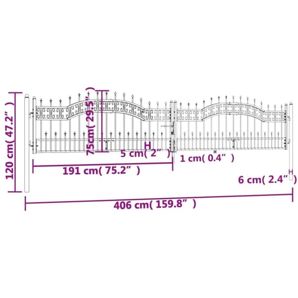 vidaXL Puutarhaportti keihäskärjet musta 406x120cm jauhemaalattu teräs