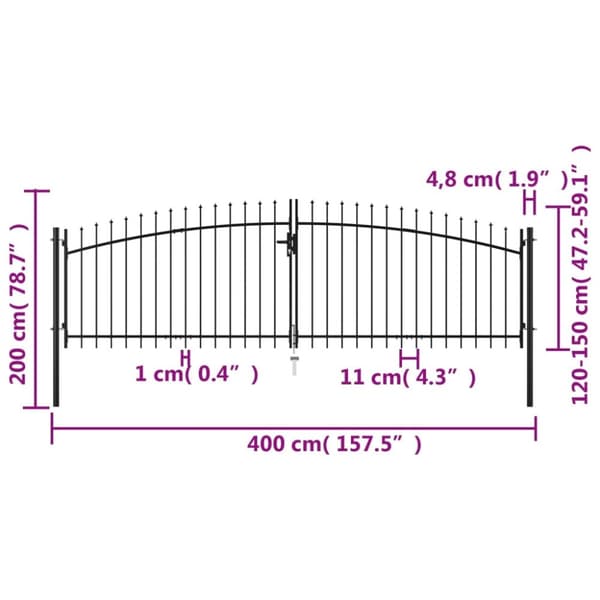 vidaXL dobbelt hegnslåge med spydtop 400 x 200 cm -  Låger