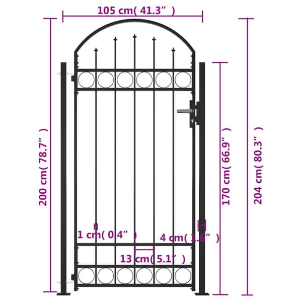 vidaXL hegnslåge med buet top og 2 pæle 105 x 204 cm sort -  Låger