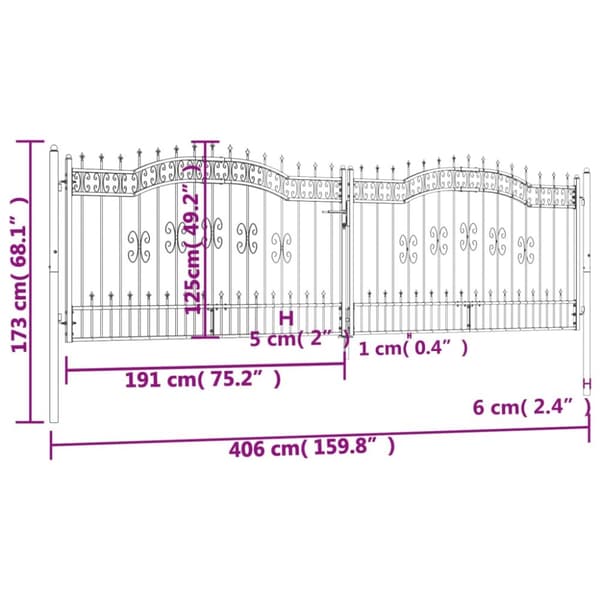 Puutarhaportti keihäskärjet musta 406x173cm jauhemaalattu teräs