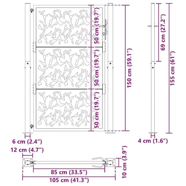 vidaXL Hageport svart 105x155 cm stål bladdesign