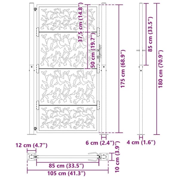 vidaXL Hageport svart 105x180 cm stål bladdesign