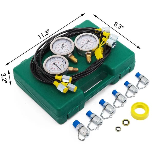 Bärbar hydrauliskt tryck testverktyg Kit med 3 exakta tryckmätare, 6 utbytbara kopplingar, 3 anslutningsslangar, robust förvaringslåda