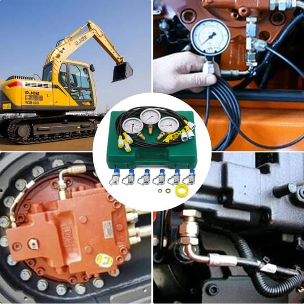 Bärbar hydrauliskt tryck testverktyg Kit med 3 exakta tryckmätare, 6 utbytbara kopplingar, 3 anslutningsslangar, robust förvaringslåda
