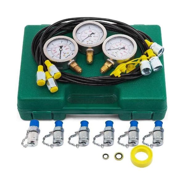 Bärbar hydrauliskt tryck testverktyg Kit med 3 exakta tryckmätare, 6 utbytbara kopplingar, 3 anslutningsslangar, robust förvaringslåda