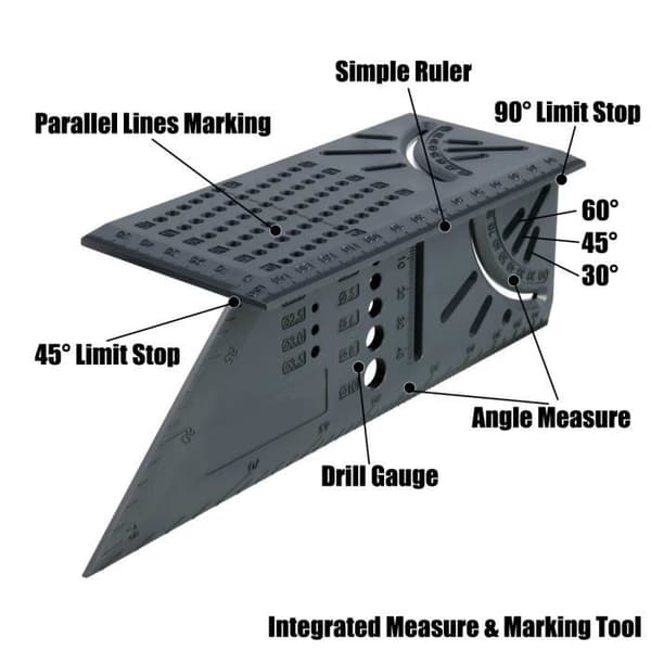 3D Square Geringsvinkellinjal - GRÅ - Längd- och vinkelmätning - ABS-plast