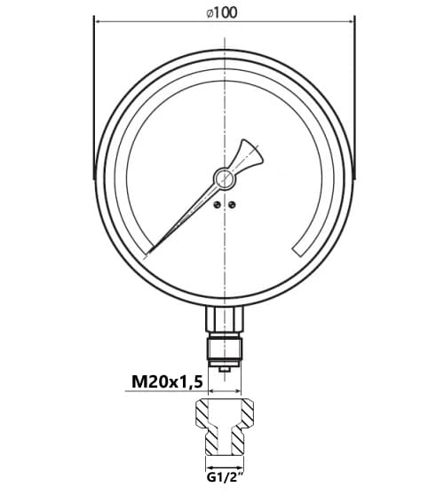 Manometer 100 mm, 16 bar, sideindløb M20x1,5 + reduktion 1/2"