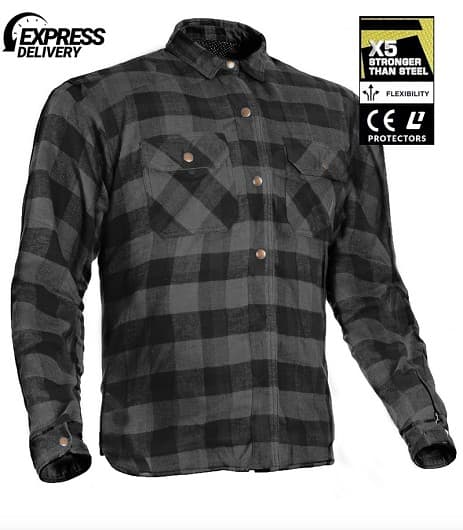 KEVLAR SKJORTE GRÅ SORT CE 17092:2020 FLANNEL MOTORCYKEL SKJORTE - MCV DS5