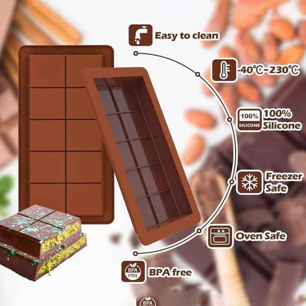1 tums djup chokladstångsform 10 Snap, stor 2-pack silikon tjocka chokladstångsformar, Dubai chokladstångsform