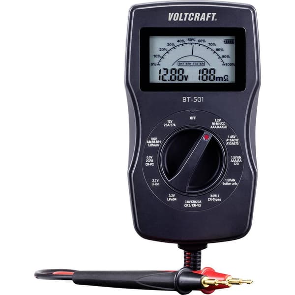 VOLTCRAFT Batteritestare BT-501 Mätområde (batteritestare) 1,2 V, 1,5 V, 3 V, 6 V, 3,7 V, 9 V, 12 V Batteri, Batteri BT