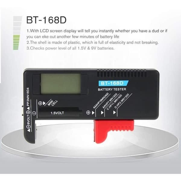 Digital batteritestare Kapacitetsdetektor Diagnostiskt verktyg Volt Checker för AAA AA CD 9V 1,5V knappcellsbatteri BT-16 193