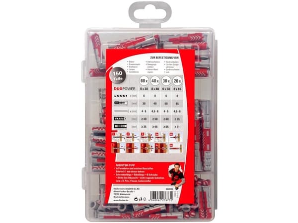 Fischer 540096, Skrue- og veggpluggsett, Fibre board, Gipsplater, Tre, 150 stykker, Boks