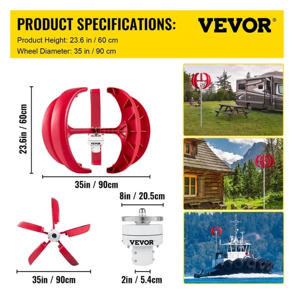 Vertikal Akse Vindmølle 400W 12V - Lav Startfart, Nylon Fiber Vinger & Indbygget Kontroller